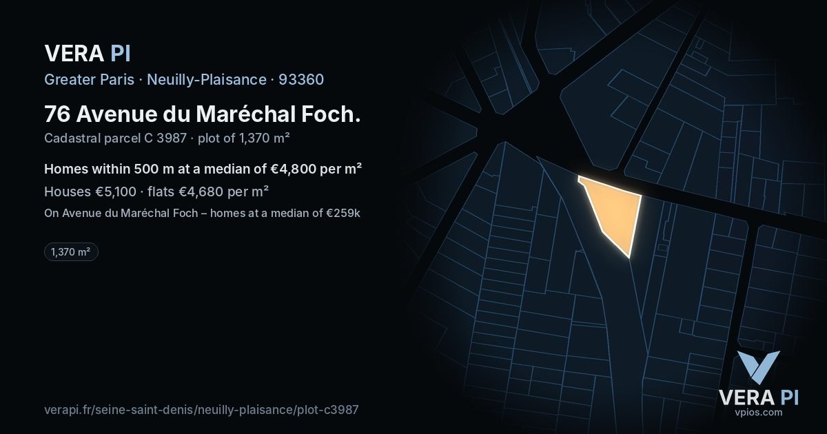 76 Avenue du Maréchal Foch, Neuilly-Plaisance at night – the plot lit, the parcels around coloured by the prices near them