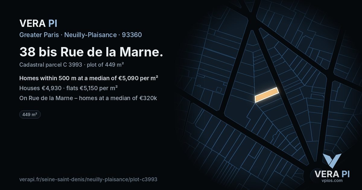 38 bis Rue de la Marne, Neuilly-Plaisance at night – the plot lit, the parcels around coloured by the prices near them