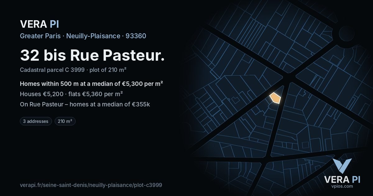 32 bis Rue Pasteur, Neuilly-Plaisance at night – the plot lit, the parcels around coloured by the prices near them