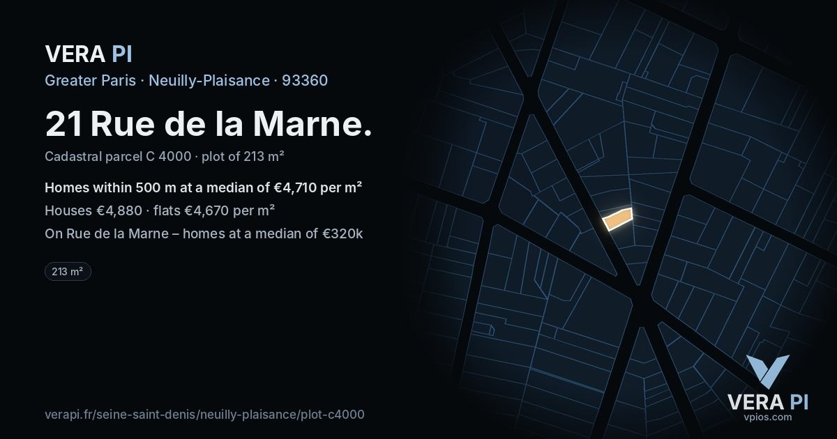 21 Rue de la Marne, Neuilly-Plaisance at night – the plot lit, the parcels around coloured by the prices near them