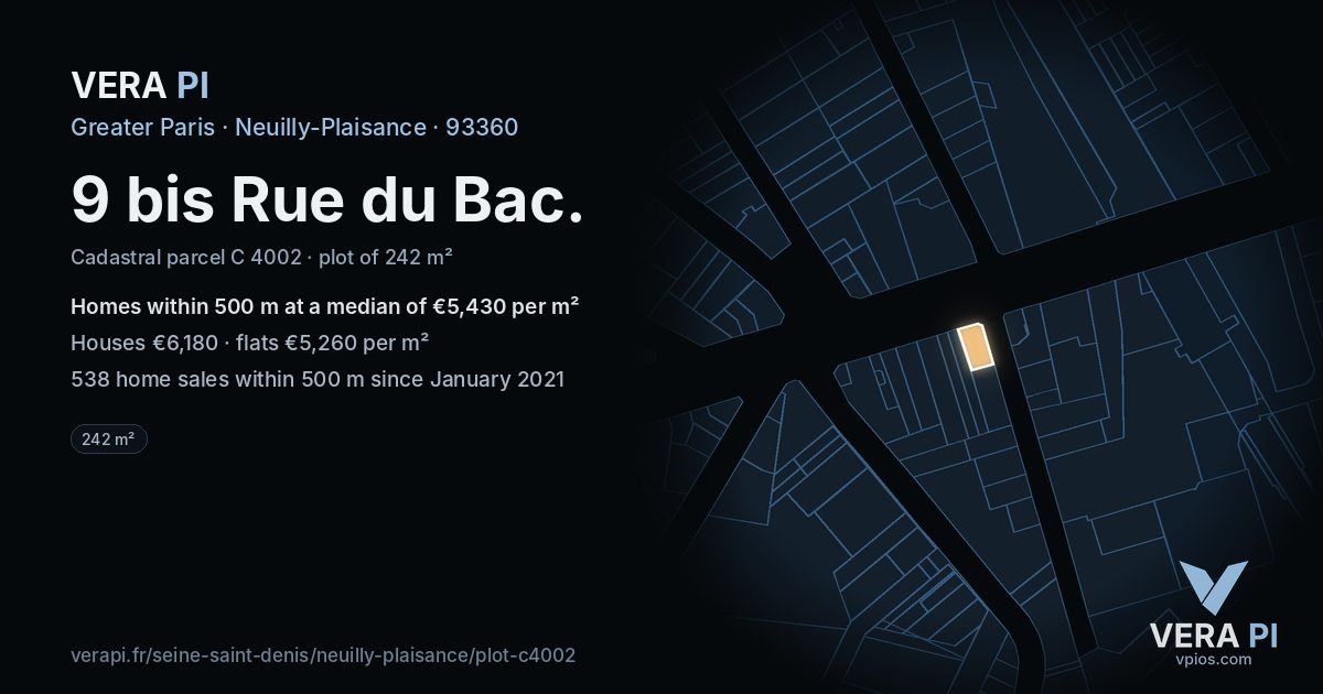 9 bis Rue du Bac, Neuilly-Plaisance at night – the plot lit, the parcels around coloured by the prices near them