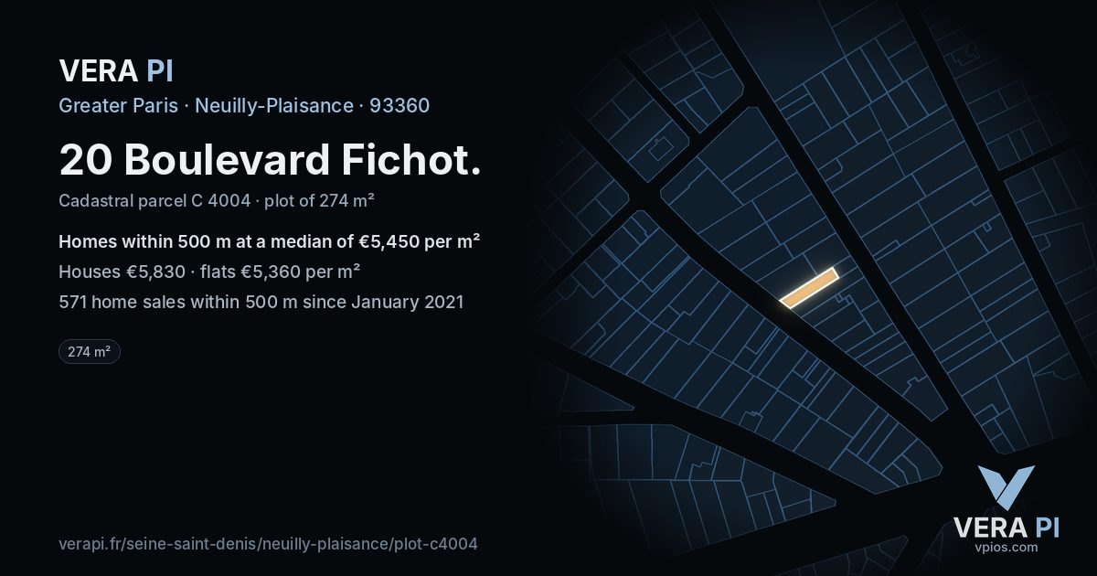20 Boulevard Fichot, Neuilly-Plaisance at night – the plot lit, the parcels around coloured by the prices near them
