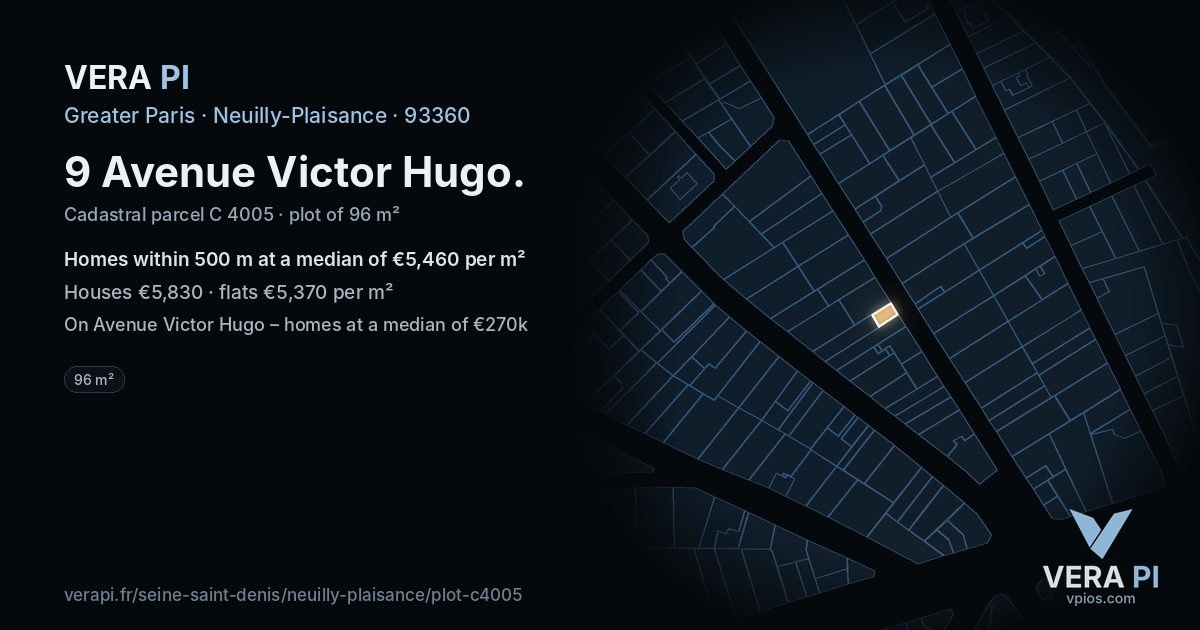 9 Avenue Victor Hugo, Neuilly-Plaisance at night – the plot lit, the parcels around coloured by the prices near them