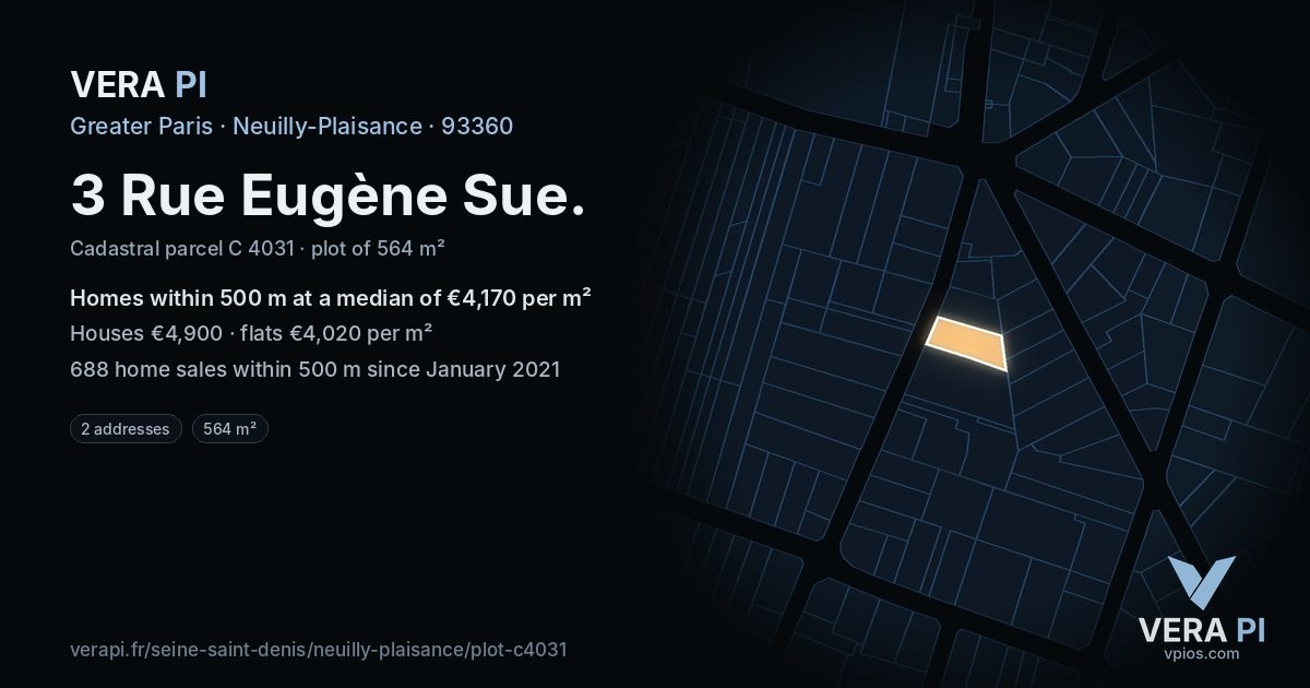 3 Rue Eugène Sue, Neuilly-Plaisance at night – the plot lit, the parcels around coloured by the prices near them