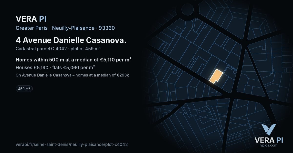 4 Avenue Danielle Casanova, Neuilly-Plaisance at night – the plot lit, the parcels around coloured by the prices near them