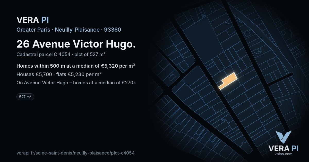 26 Avenue Victor Hugo, Neuilly-Plaisance at night – the plot lit, the parcels around coloured by the prices near them