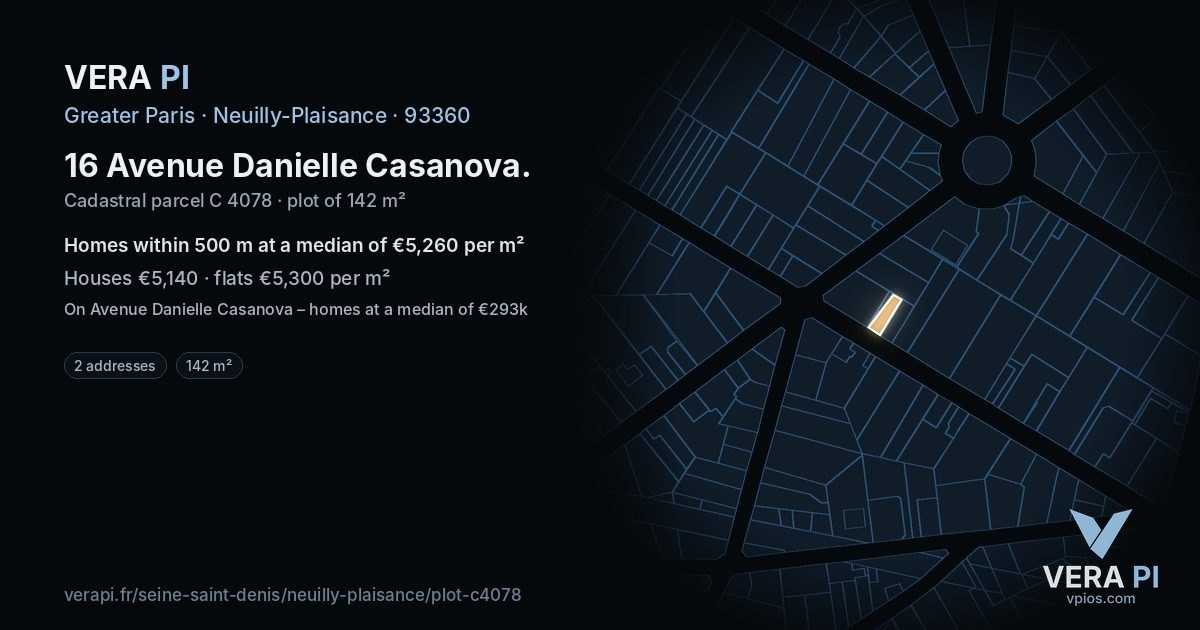 16 Avenue Danielle Casanova, Neuilly-Plaisance at night – the plot lit, the parcels around coloured by the prices near them