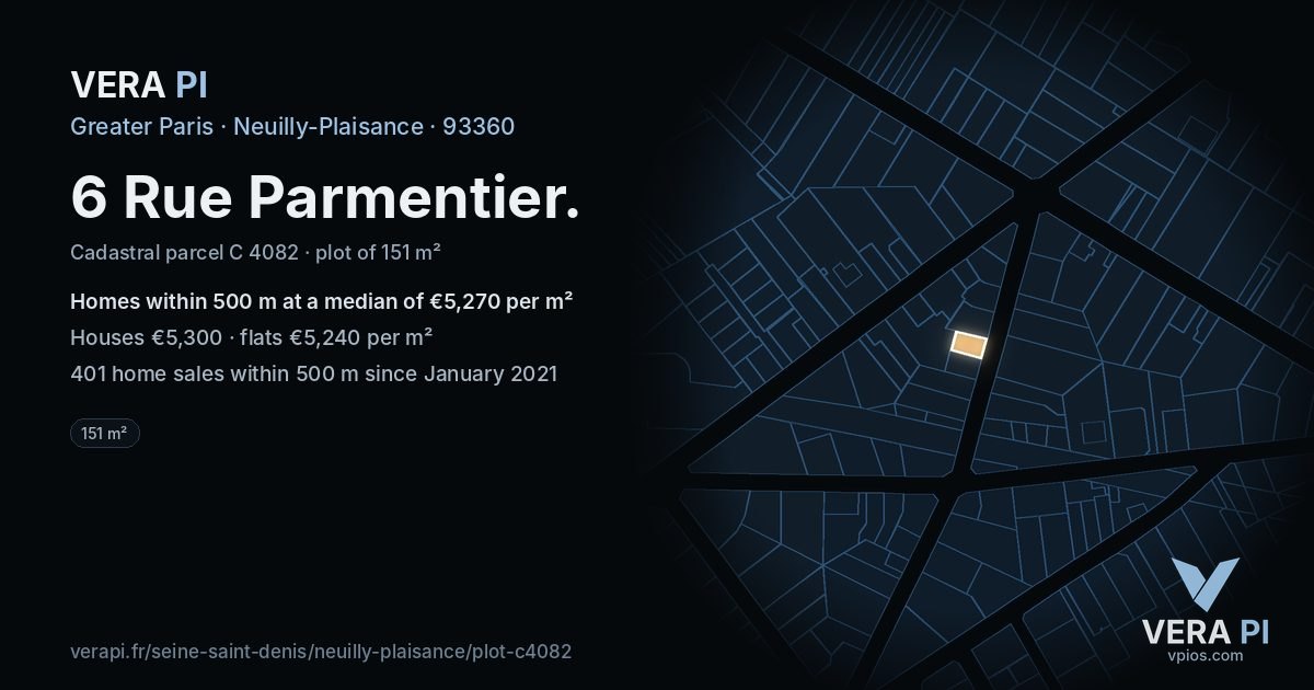 6 Rue Parmentier, Neuilly-Plaisance at night – the plot lit, the parcels around coloured by the prices near them