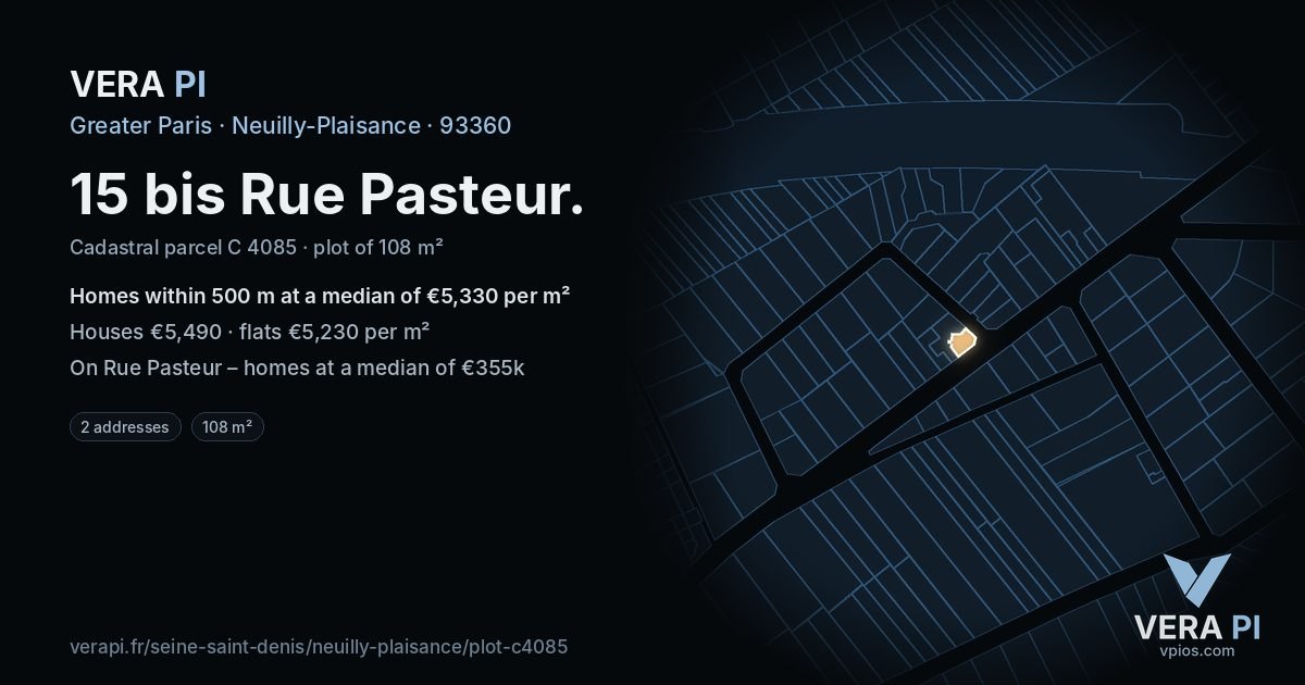 15 bis Rue Pasteur, Neuilly-Plaisance at night – the plot lit, the parcels around coloured by the prices near them
