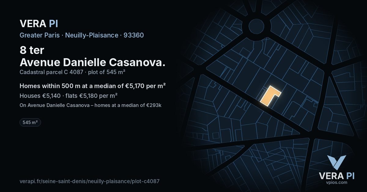 8 ter Avenue Danielle Casanova, Neuilly-Plaisance at night – the plot lit, the parcels around coloured by the prices near them