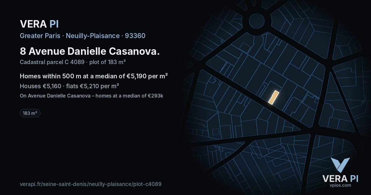 8 Avenue Danielle Casanova, Neuilly-Plaisance at night – the plot lit, the parcels around coloured by the prices near them
