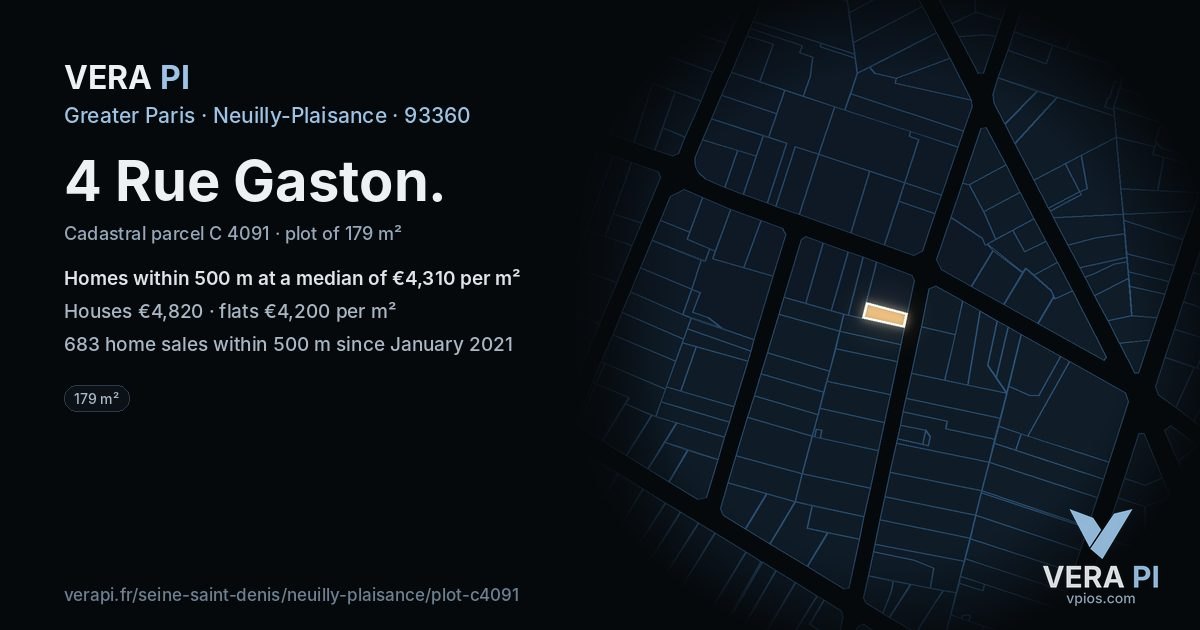 4 Rue Gaston, Neuilly-Plaisance at night – the plot lit, the parcels around coloured by the prices near them
