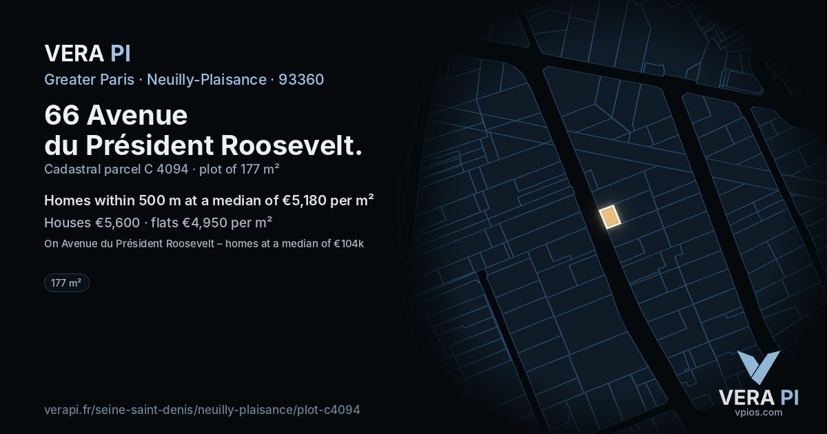 66 Avenue du Président Roosevelt, Neuilly-Plaisance at night – the plot lit, the parcels around coloured by the prices near them