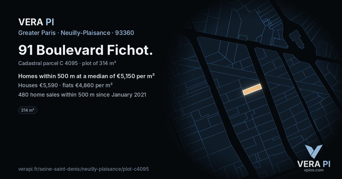 91 Boulevard Fichot, Neuilly-Plaisance at night – the plot lit, the parcels around coloured by the prices near them