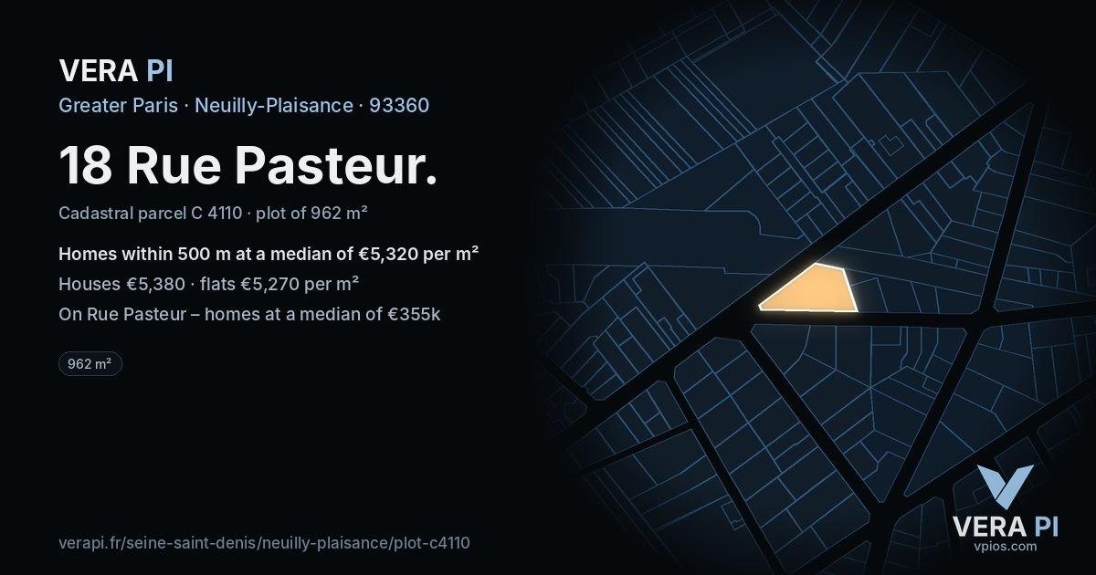 18 Rue Pasteur, Neuilly-Plaisance at night – the plot lit, the parcels around coloured by the prices near them