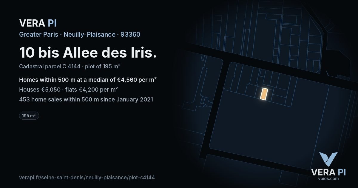 10 bis Allee des Iris, Neuilly-Plaisance at night – the plot lit, the parcels around coloured by the prices near them
