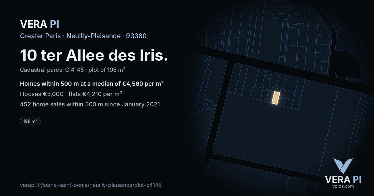 10 ter Allee des Iris, Neuilly-Plaisance at night – the plot lit, the parcels around coloured by the prices near them