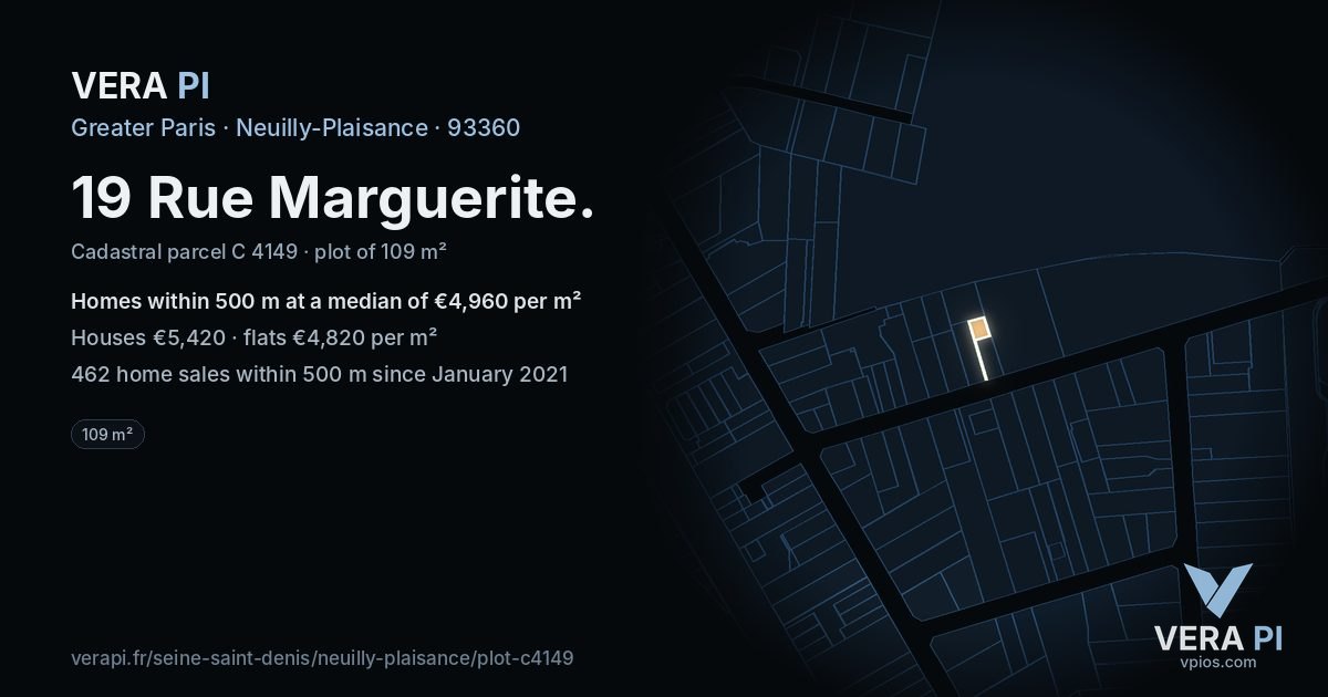 19 Rue Marguerite, Neuilly-Plaisance at night – the plot lit, the parcels around coloured by the prices near them