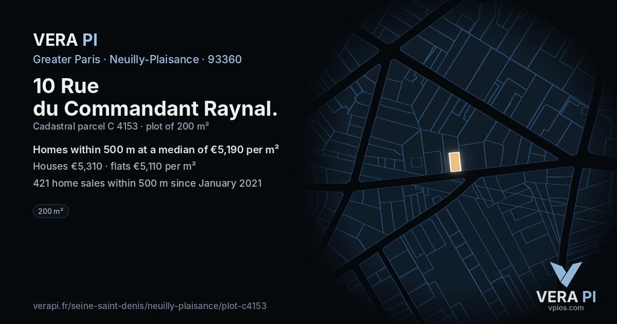 10 Rue du Commandant Raynal, Neuilly-Plaisance at night – the plot lit, the parcels around coloured by the prices near them