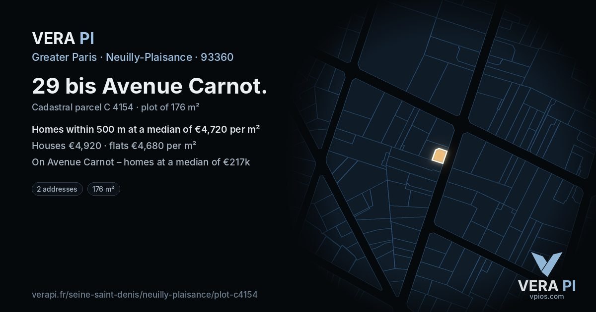 29 bis Avenue Carnot, Neuilly-Plaisance at night – the plot lit, the parcels around coloured by the prices near them