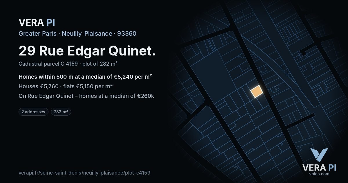 29 Rue Edgar Quinet, Neuilly-Plaisance at night – the plot lit, the parcels around coloured by the prices near them