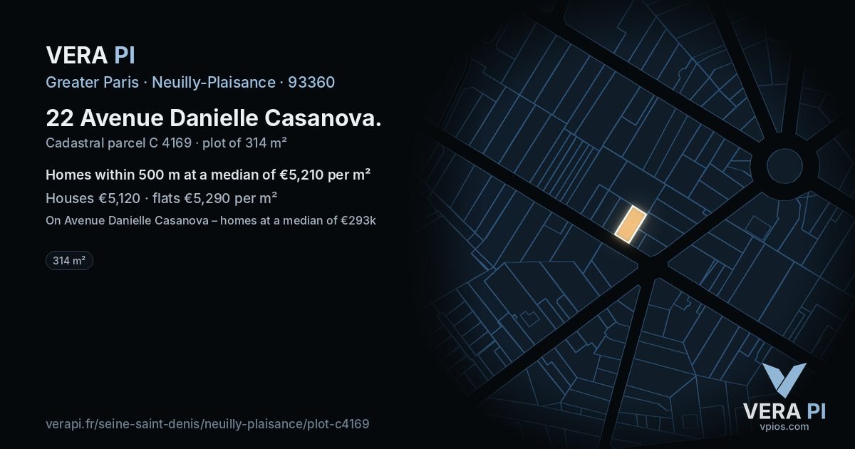 22 Avenue Danielle Casanova, Neuilly-Plaisance at night – the plot lit, the parcels around coloured by the prices near them