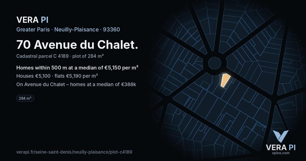 70 Avenue du Chalet, Neuilly-Plaisance at night – the plot lit, the parcels around coloured by the prices near them