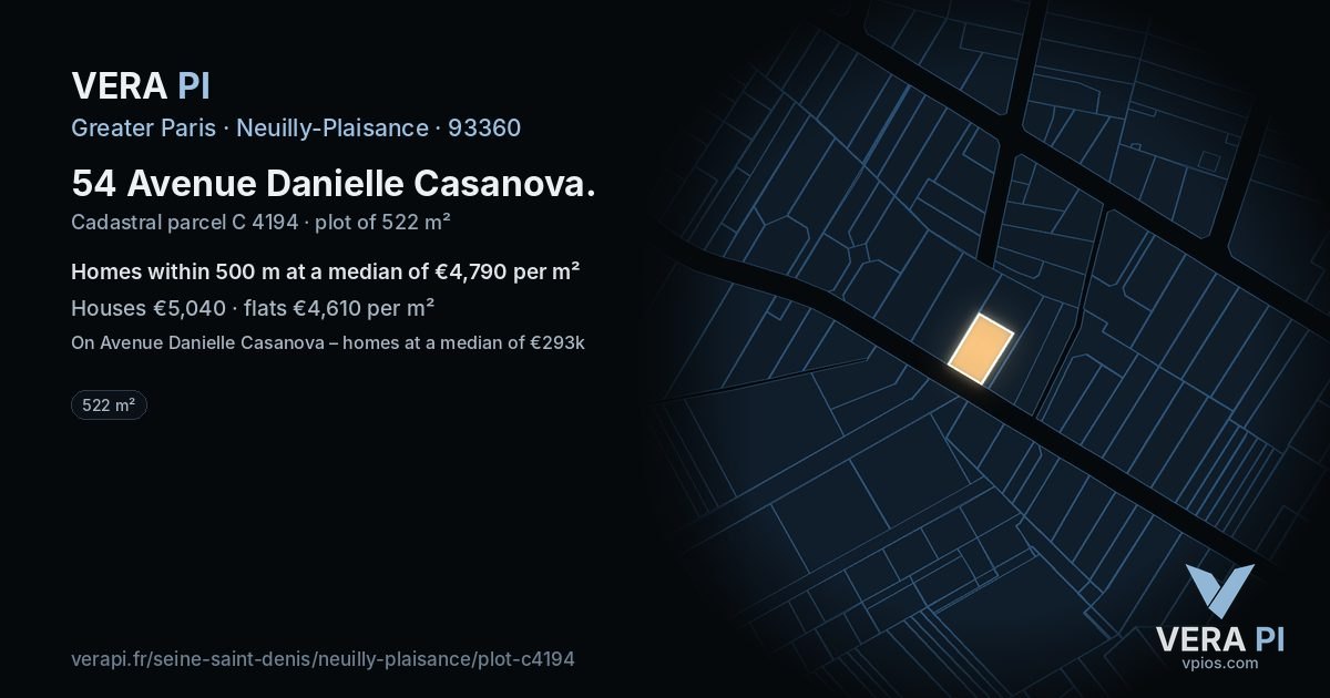 54 Avenue Danielle Casanova, Neuilly-Plaisance at night – the plot lit, the parcels around coloured by the prices near them