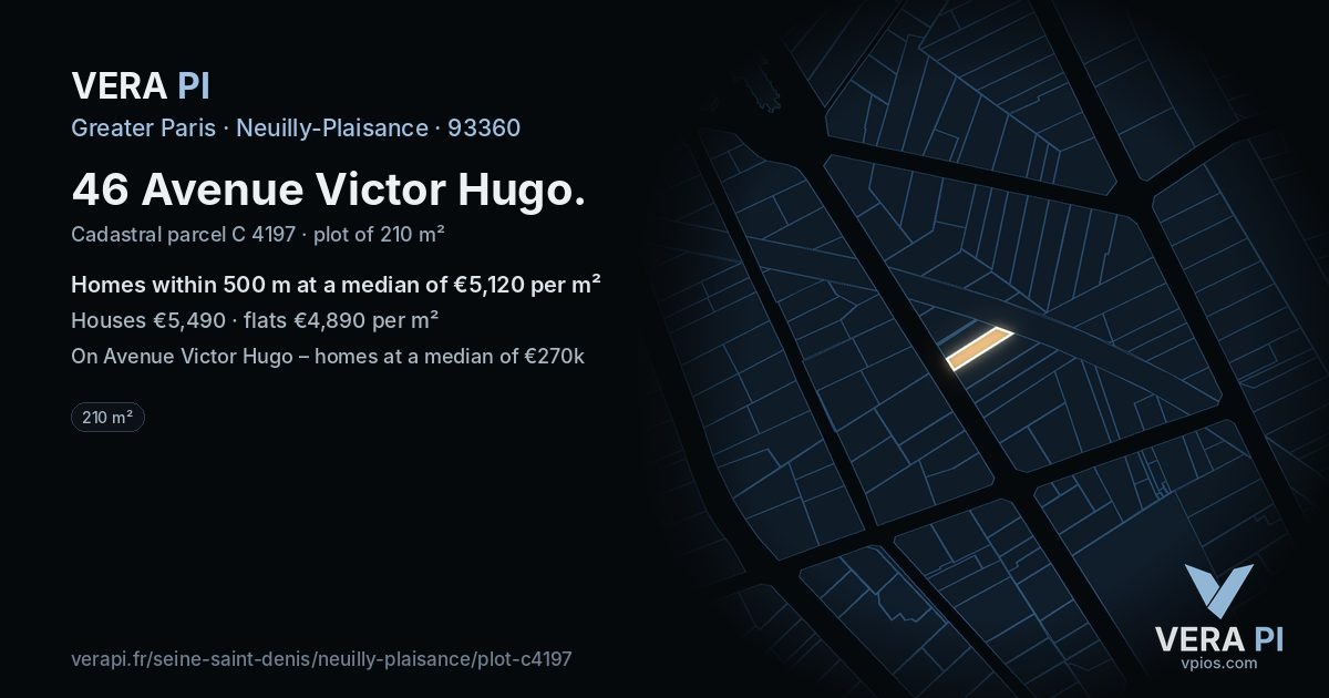 46 Avenue Victor Hugo, Neuilly-Plaisance at night – the plot lit, the parcels around coloured by the prices near them