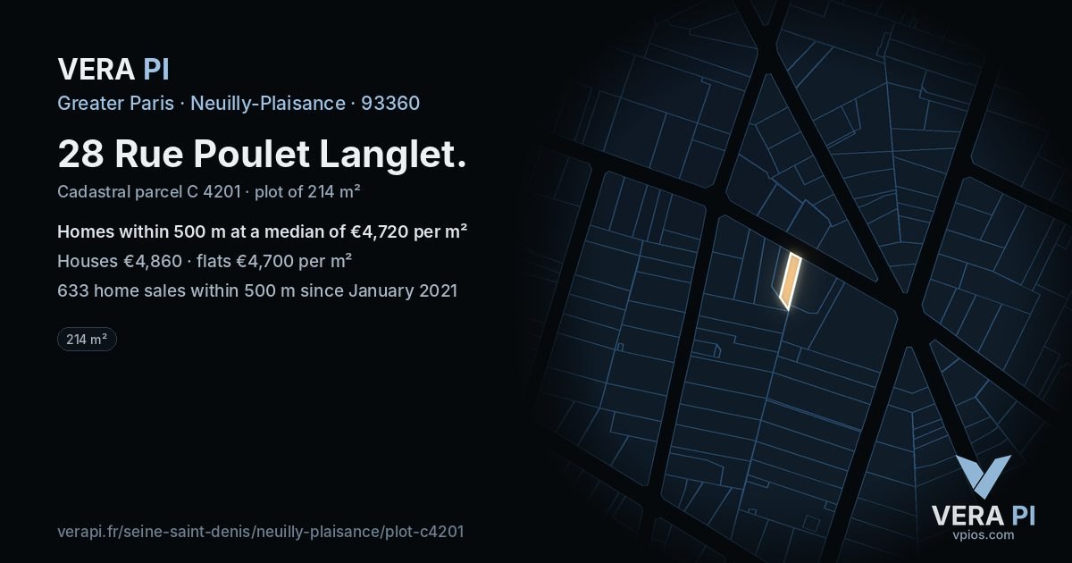 28 Rue Poulet Langlet, Neuilly-Plaisance at night – the plot lit, the parcels around coloured by the prices near them