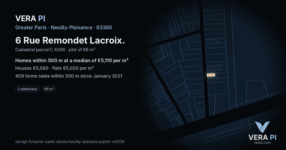6 Rue Remondet Lacroix, Neuilly-Plaisance at night – the plot lit, the parcels around coloured by the prices near them