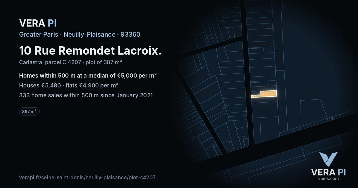 10 Rue Remondet Lacroix, Neuilly-Plaisance at night – the plot lit, the parcels around coloured by the prices near them