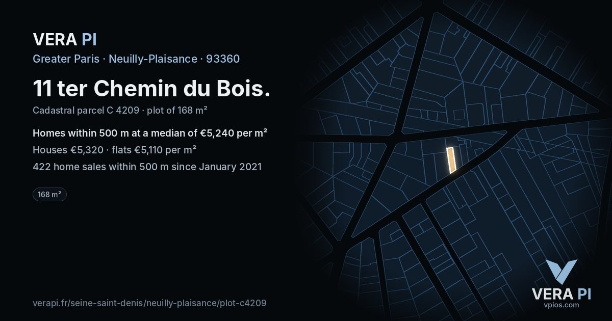 11 ter Chemin du Bois, Neuilly-Plaisance at night – the plot lit, the parcels around coloured by the prices near them