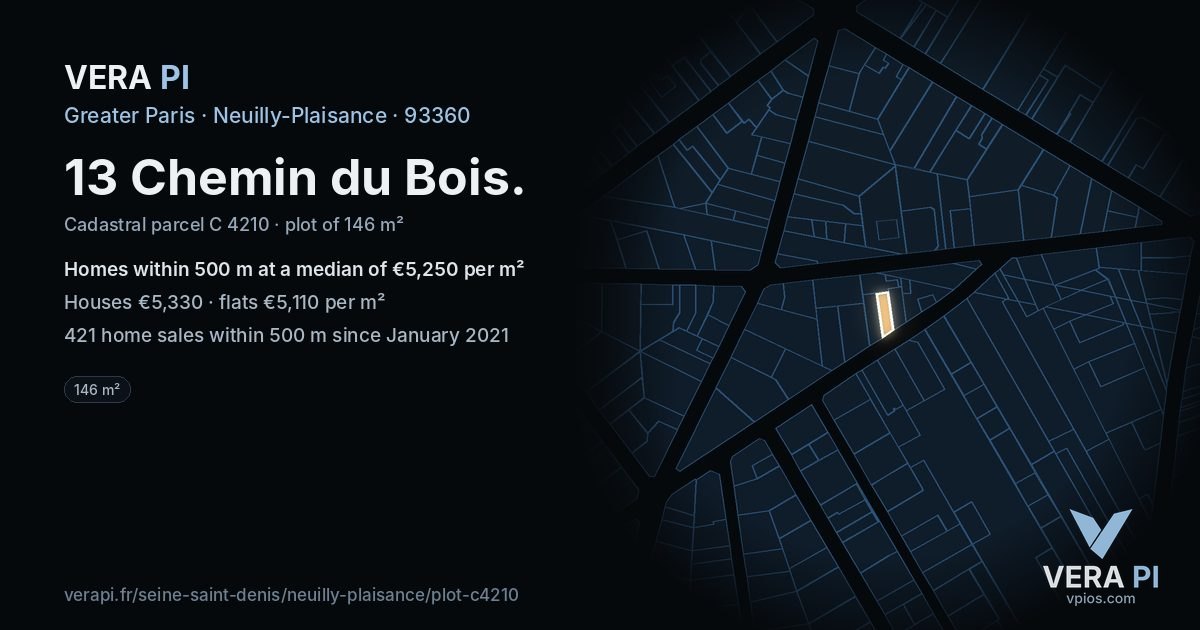 13 Chemin du Bois, Neuilly-Plaisance at night – the plot lit, the parcels around coloured by the prices near them