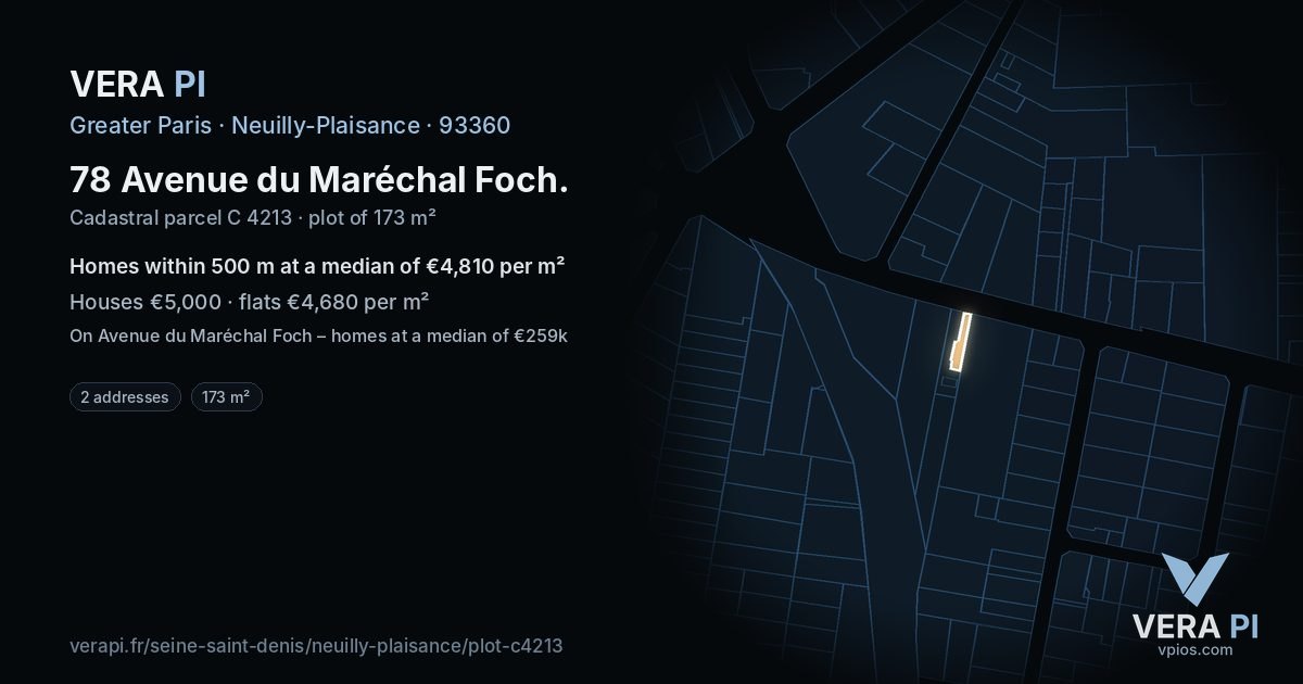 78 Avenue du Maréchal Foch, Neuilly-Plaisance at night – the plot lit, the parcels around coloured by the prices near them