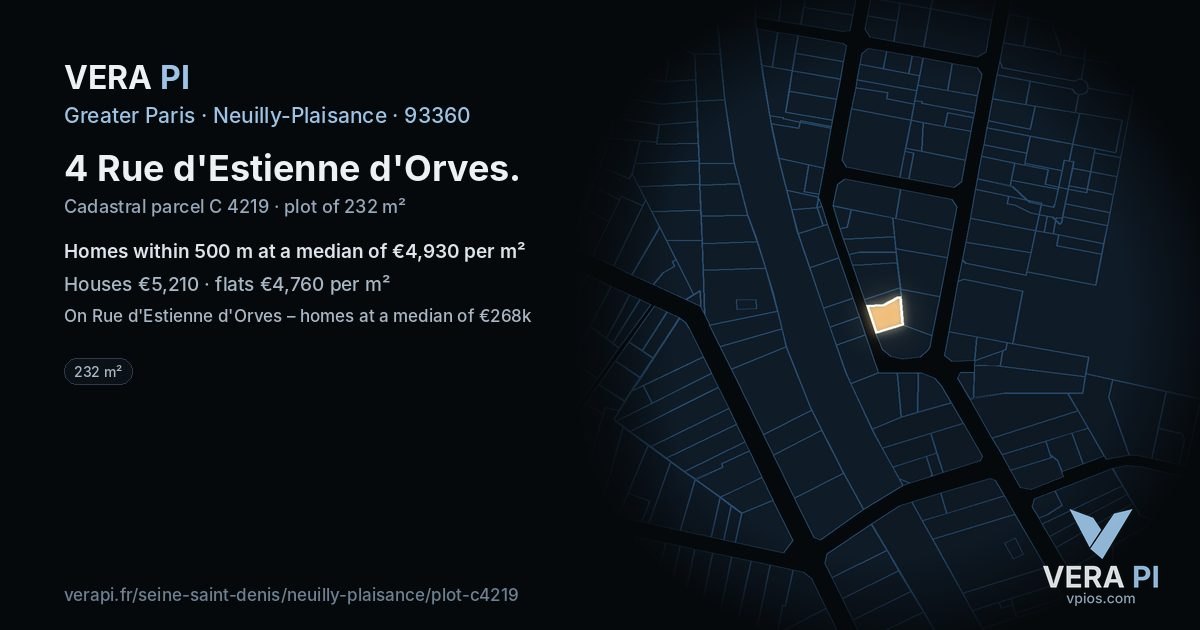 4 Rue d'Estienne d'Orves, Neuilly-Plaisance at night – the plot lit, the parcels around coloured by the prices near them