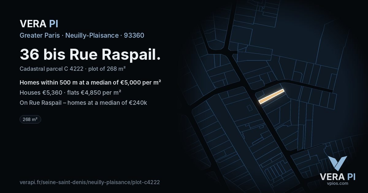 36 bis Rue Raspail, Neuilly-Plaisance at night – the plot lit, the parcels around coloured by the prices near them