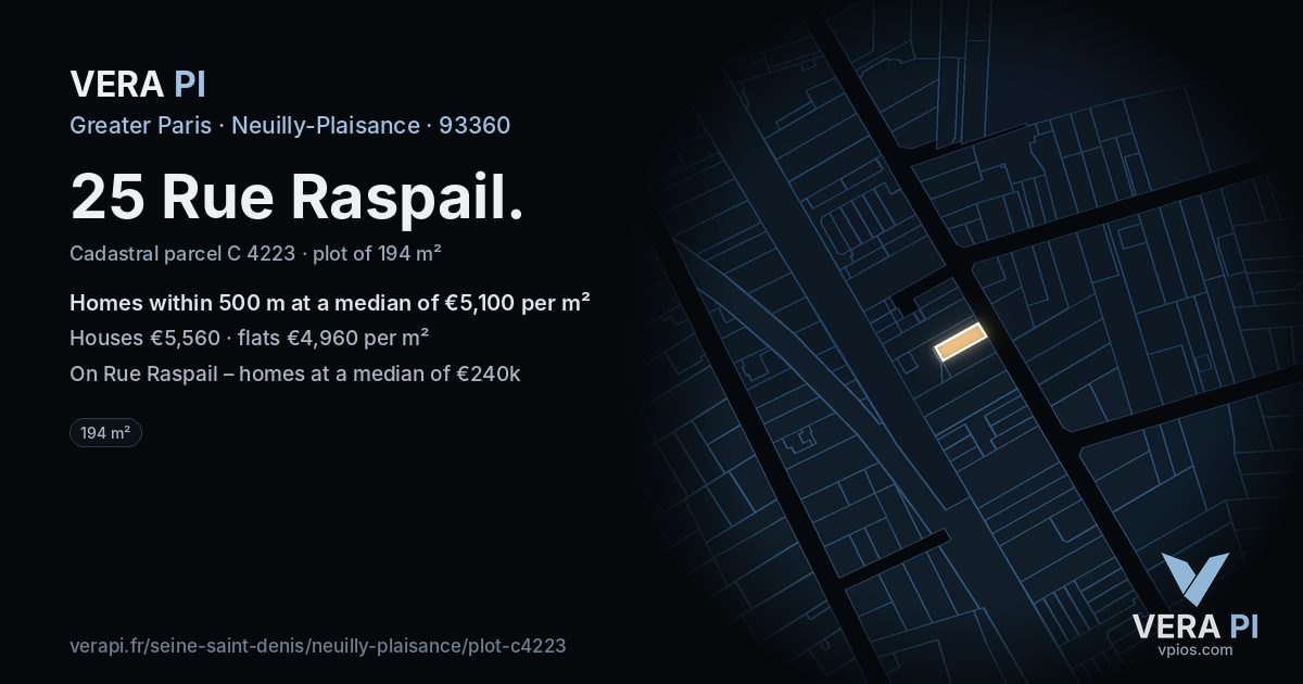 25 Rue Raspail, Neuilly-Plaisance at night – the plot lit, the parcels around coloured by the prices near them