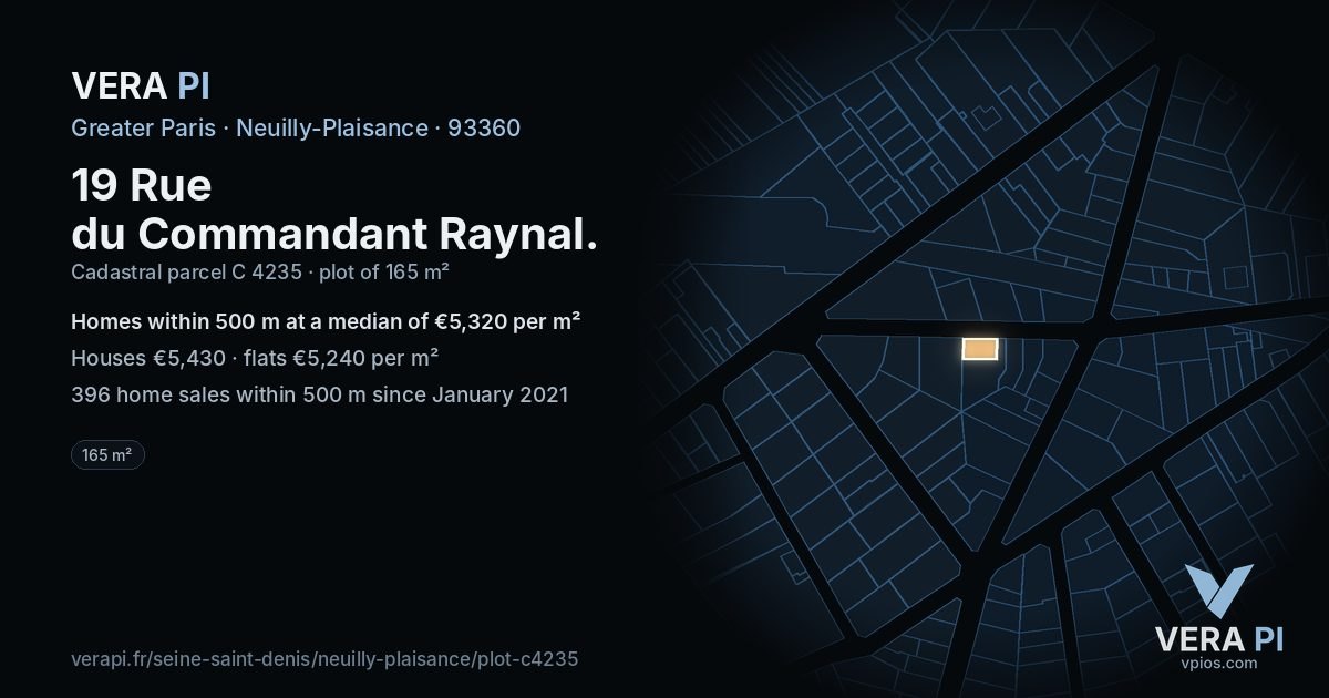 19 Rue du Commandant Raynal, Neuilly-Plaisance at night – the plot lit, the parcels around coloured by the prices near them
