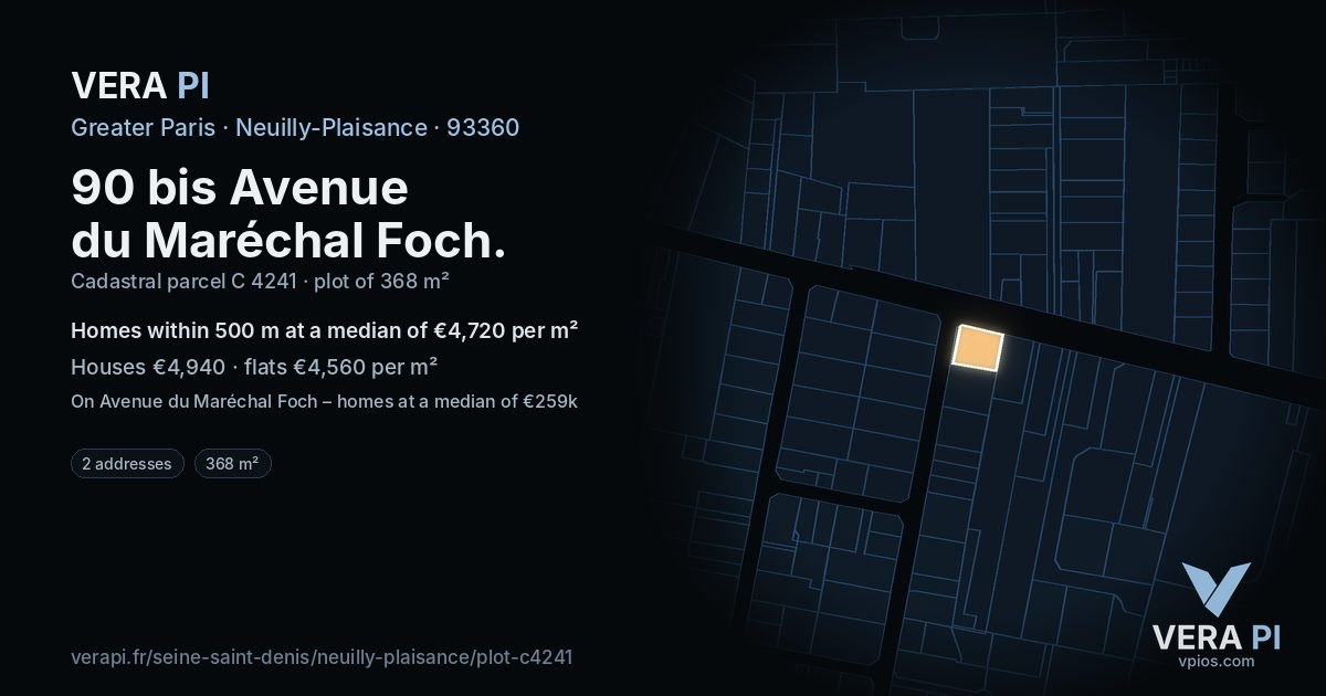 90 bis Avenue du Maréchal Foch, Neuilly-Plaisance at night – the plot lit, the parcels around coloured by the prices near them
