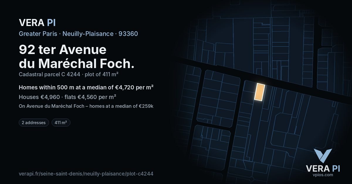 92 ter Avenue du Maréchal Foch, Neuilly-Plaisance at night – the plot lit, the parcels around coloured by the prices near them
