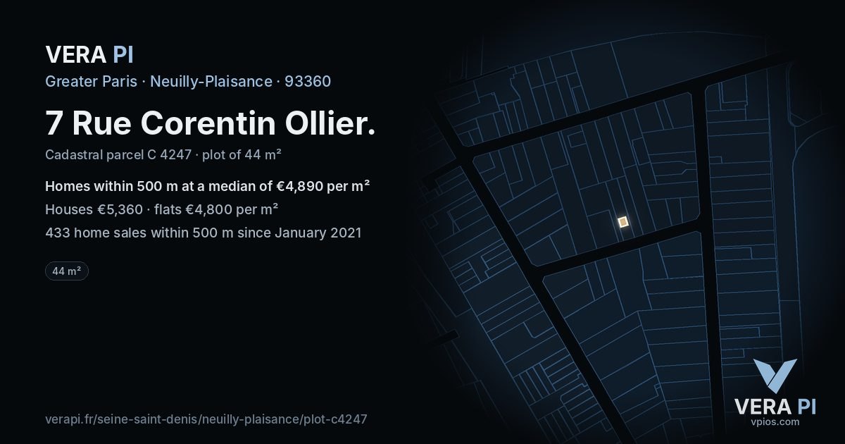 7 Rue Corentin Ollier, Neuilly-Plaisance at night – the plot lit, the parcels around coloured by the prices near them