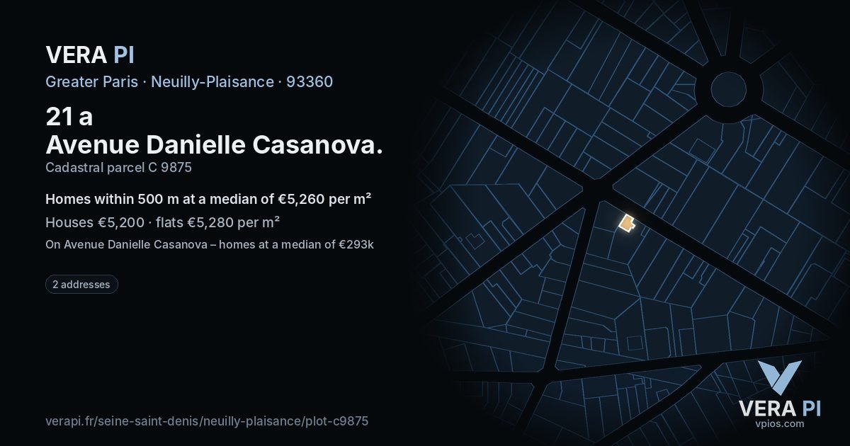 21 a Avenue Danielle Casanova, Neuilly-Plaisance at night – the plot lit, the parcels around coloured by the prices near them
