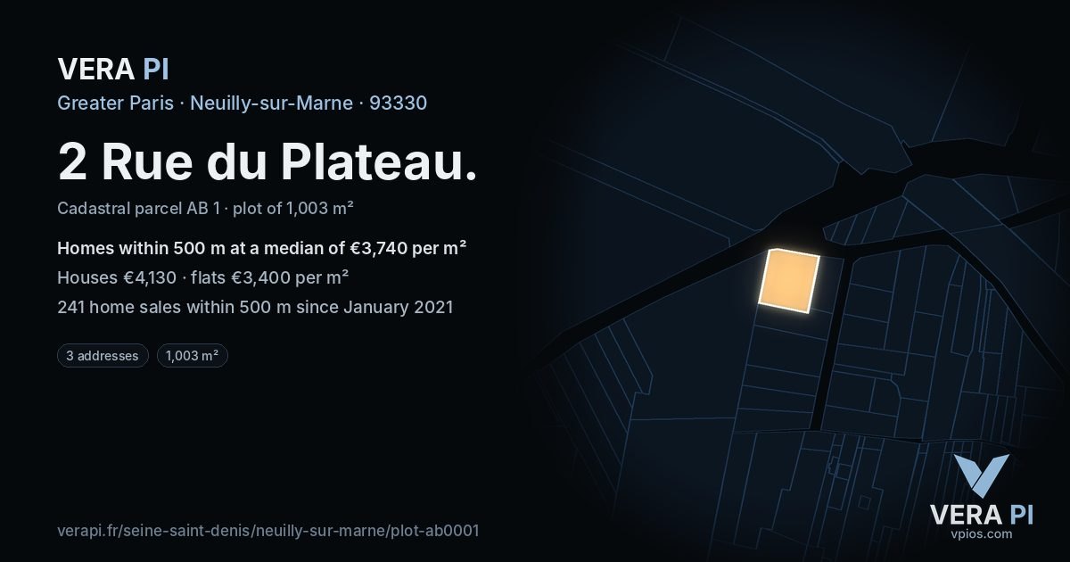 2 Rue du Plateau, Neuilly-sur-Marne at night – the plot lit, the parcels around coloured by the prices near them