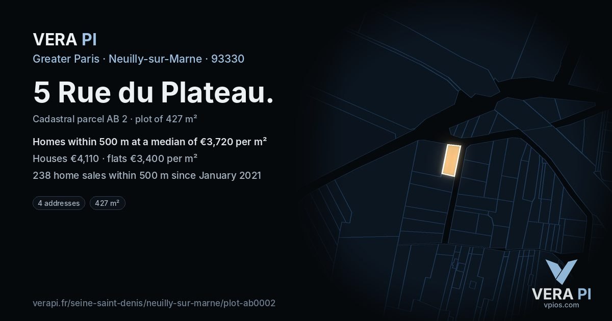 5 Rue du Plateau, Neuilly-sur-Marne at night – the plot lit, the parcels around coloured by the prices near them