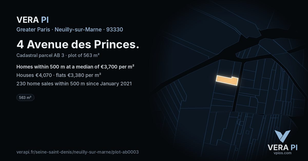 4 Avenue des Princes, Neuilly-sur-Marne at night – the plot lit, the parcels around coloured by the prices near them