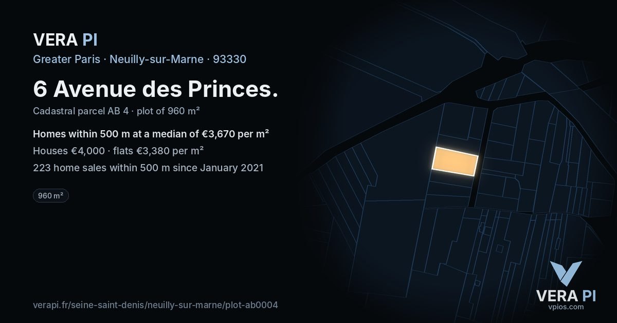 6 Avenue des Princes, Neuilly-sur-Marne at night – the plot lit, the parcels around coloured by the prices near them