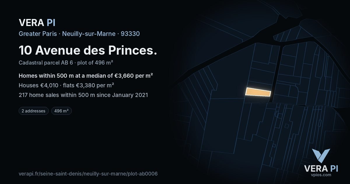 10 Avenue des Princes, Neuilly-sur-Marne at night – the plot lit, the parcels around coloured by the prices near them