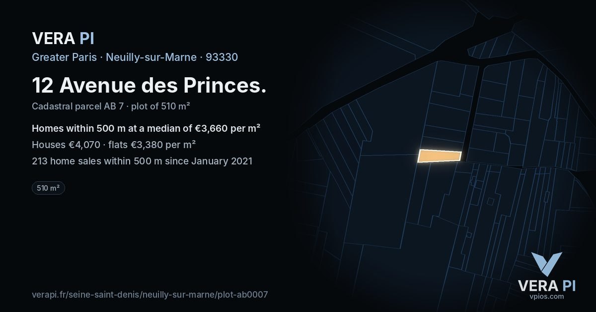 12 Avenue des Princes, Neuilly-sur-Marne at night – the plot lit, the parcels around coloured by the prices near them