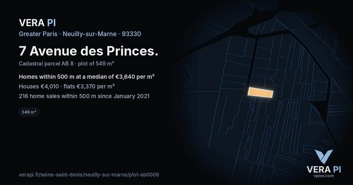 7 Avenue des Princes, Neuilly-sur-Marne at night – the plot lit, the parcels around coloured by the prices near them